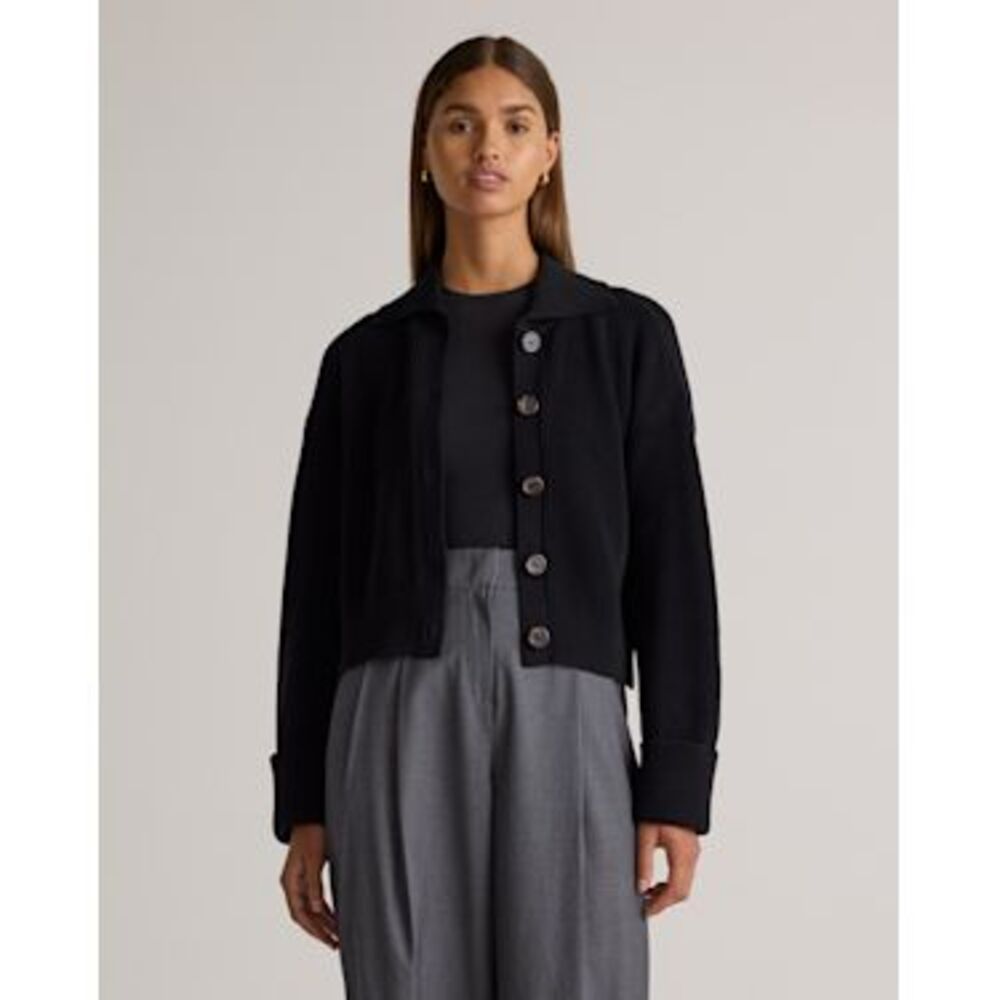 Quince Black Cropped Button-Up Sweater Jacket